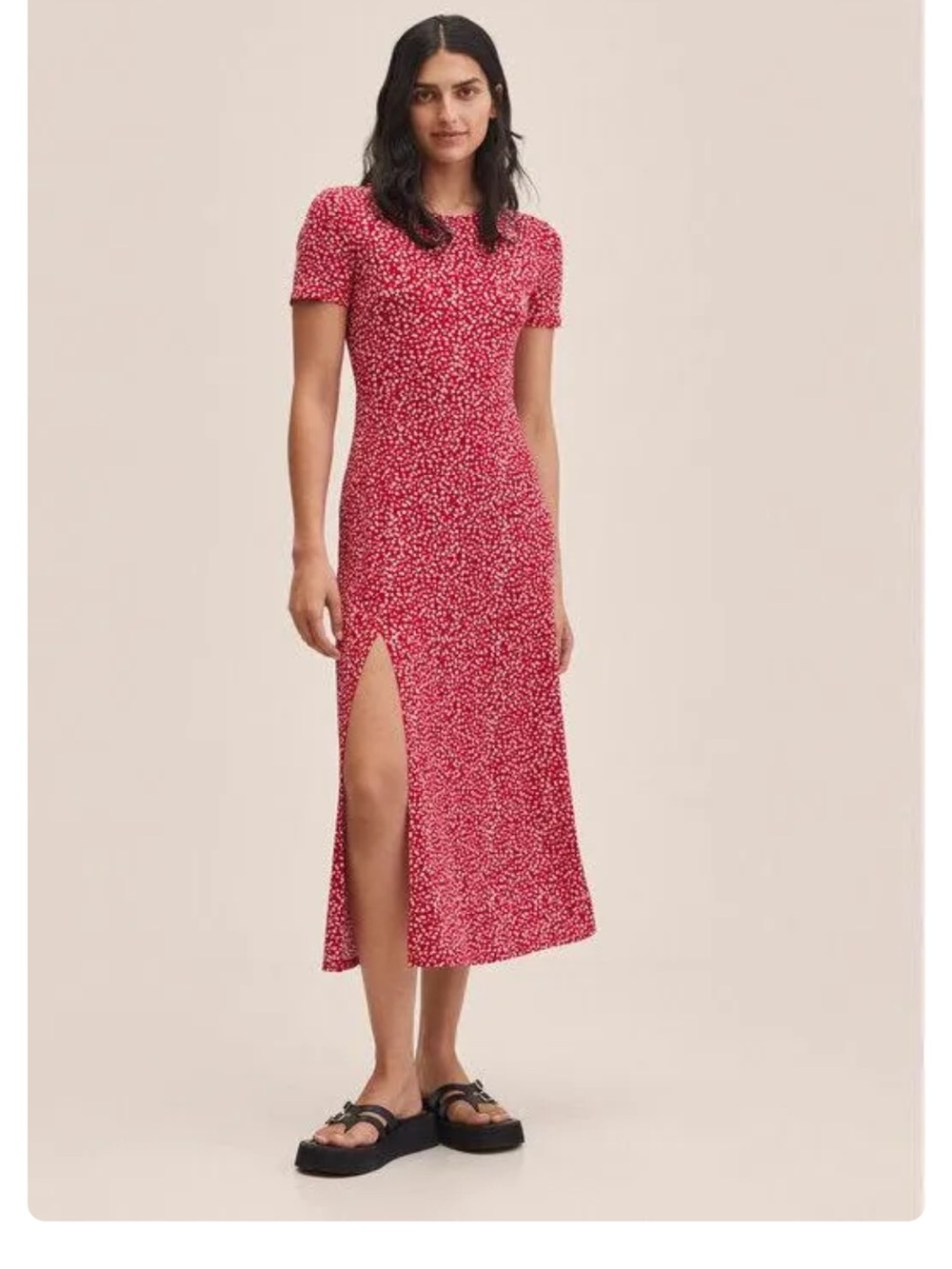 MANGO Red Floral Short Sleeve Maxi Dress with Slit